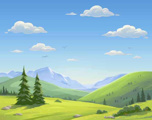 Beautiful Mountain Landscape Vector illustration of a beautiful mountain landsapce with trees, bushes, hills and green meadows under a bright blue, cloudy sky. Illustration with space for text. nature and landscapes stock illustrations