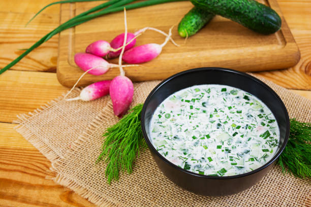 istock Cold soup okroshka on wooden background 896064804