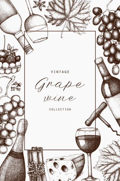 Grape wine card design Vintage wine card.  Vector illustration with wine glass, grapes, bottle. Hand drawn alcoholic drink template. Bar menu design vineyard wine frame vine stock illustrations