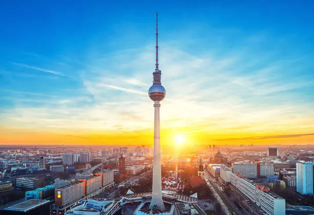 Aerial view on Alexanderplatz and Berlin city at sunset, Berlin, Germany