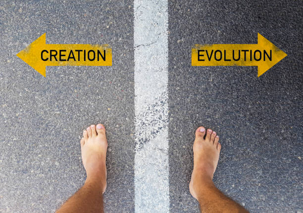 istock Creation vs Evolution text on yellow arrows on asphalt ground, barefoot on floor, personal perspective footsie concept 896073278