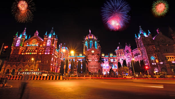 Chatrapati Shivaji Maharaj Terminus (formerly Victoria Terminus), Mumbai with fireworks and beautiful illumination