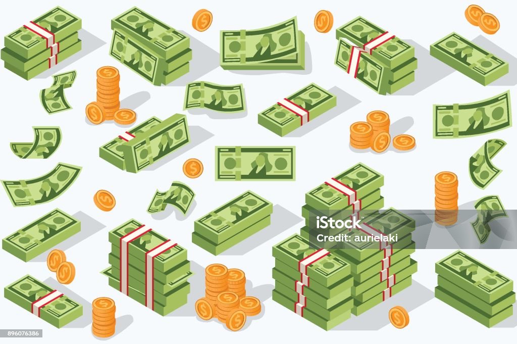 Vector Money Currency Money currency vector illustration. Various money bills dollar cash paper bank notes and gold coins. Collection of cash heap pile and currency stack vector set. Currency stock vector