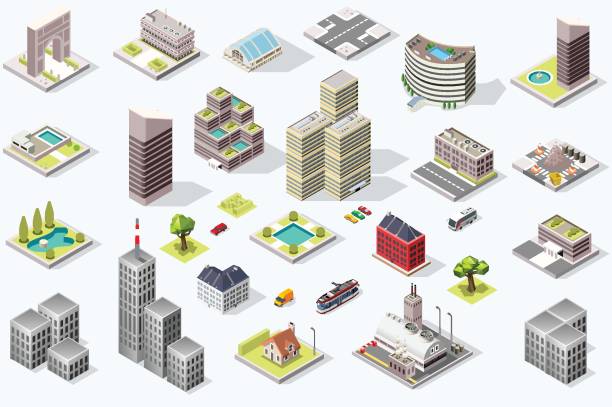 ilustrações de stock, clip art, desenhos animados e ícones de isometric city quality vector set - symbol office building construction building exterior