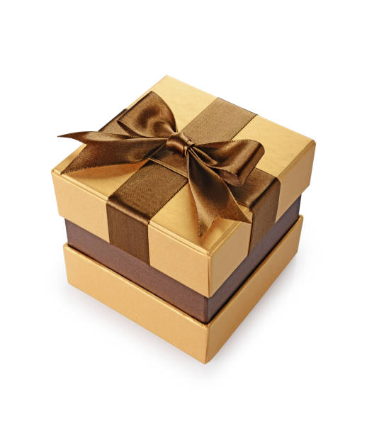istock Golden classic shiny gift box with brown satin bow 896080272