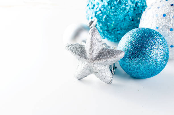 istock Christmas blue and silver balls, gifts. 896080564