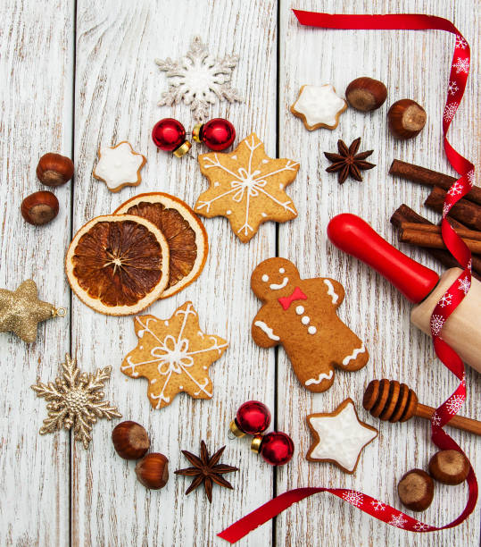 istock Christmas cookies, rolling pin and baubles 896083574