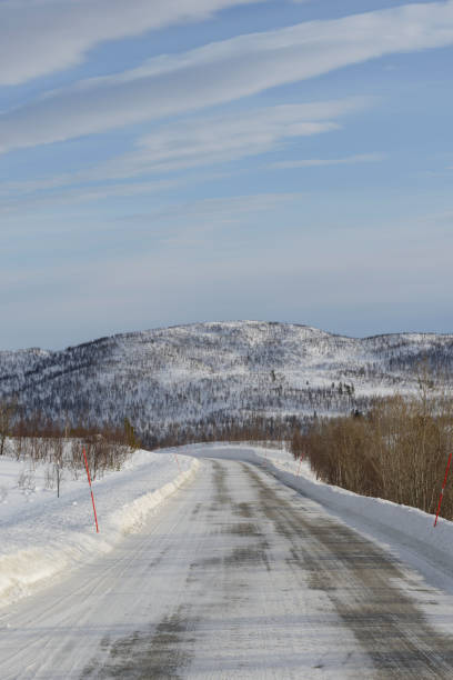 lodowata i śnieżna droga w północnej nowej podczas pięknego zimowego dnia - noway zdjęcia i obrazy z banku zdjęć