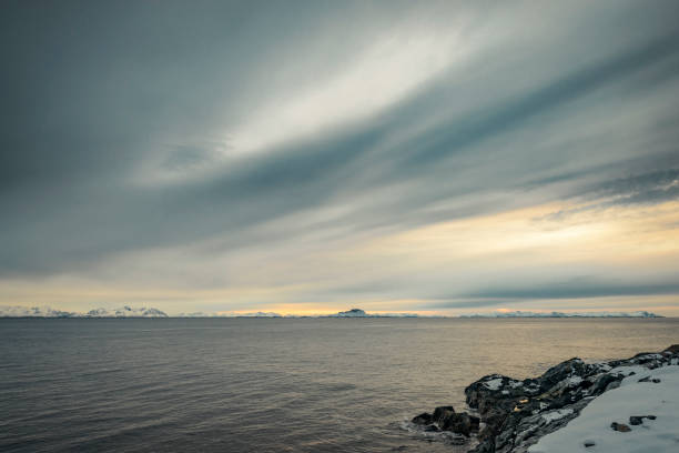 View in the Selfjord on the island Senja in Northern Norway during a beautiful winter day. View from Grunnfarnes village