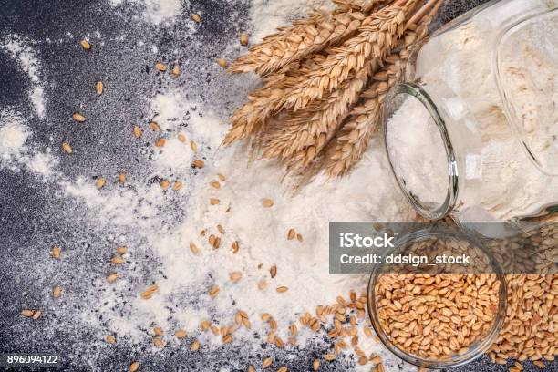 Jar With Flour And Grain Stock Photo - Download Image Now - Flour, Wheat, Cereal Plant