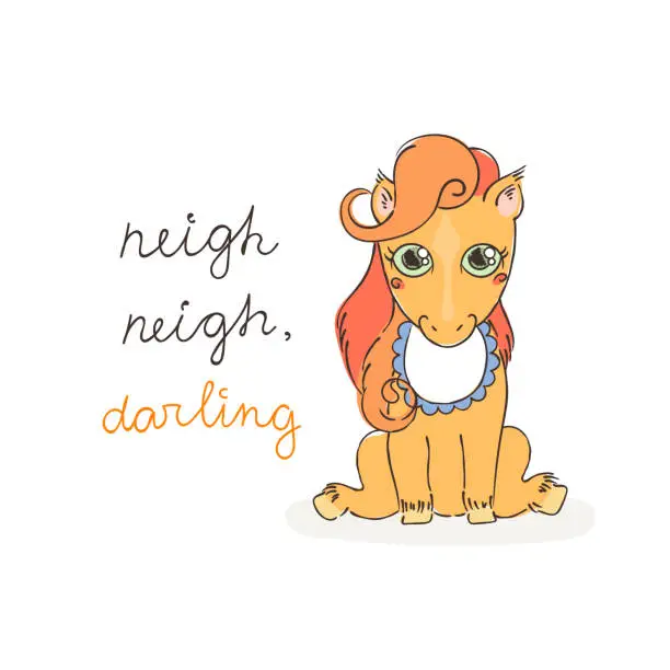 Vector illustration of Little cute pony in a bib. Baby horse in a doodle style. Color or print page.