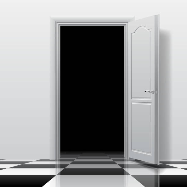 istock Entrance into a dark room with white open door on the glossy chess floor 896105412