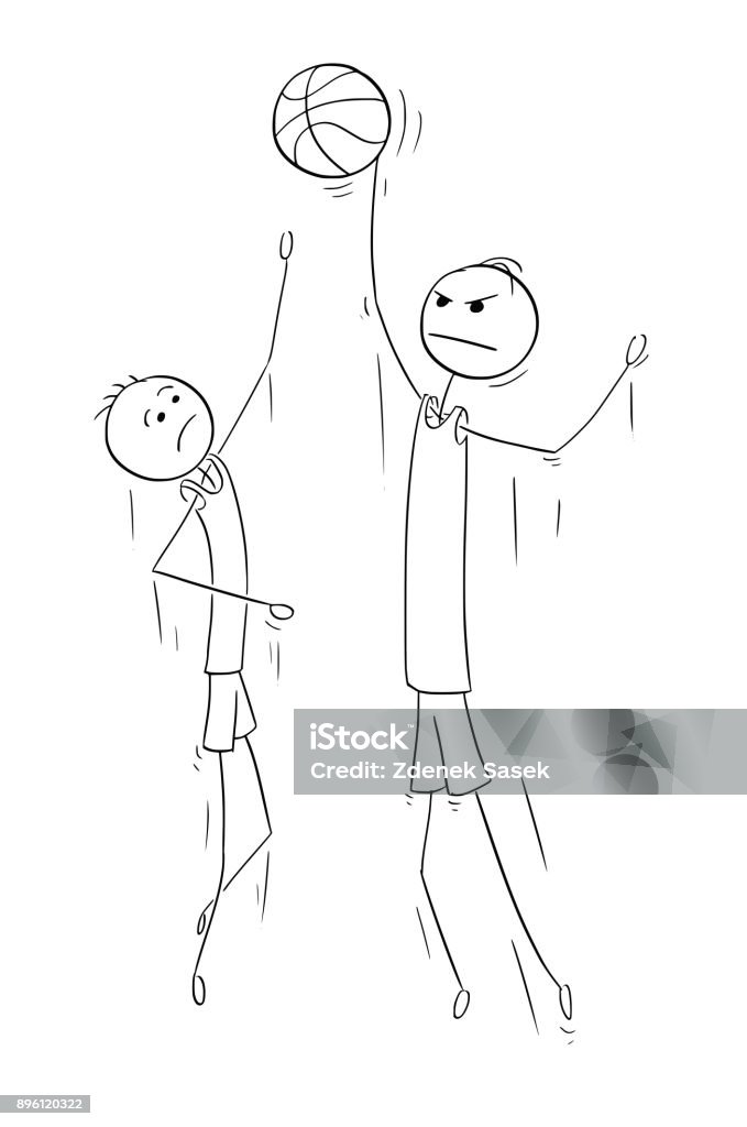 Vector Cartoon of Two Tall Basketball Players Jumping to Catch Gain Ball Cartoon stick man drawing illustration of two basketball player to catch or gain ball. Adult stock vector