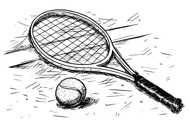 ilustrações, clipart, desenhos animados e ícones de raquete de tênis e bola mão de desenho de vetor - tennis open