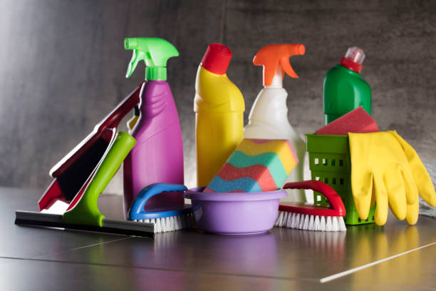 istock Cleaning products. Home cleaning. Place for typography. 896145346