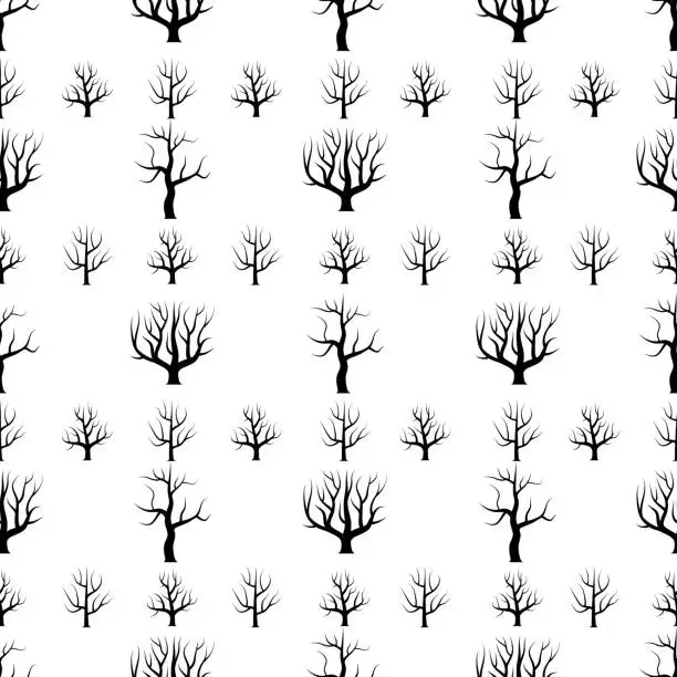 Vector illustration of Seamless black and white curved trees without leaves backgrounds