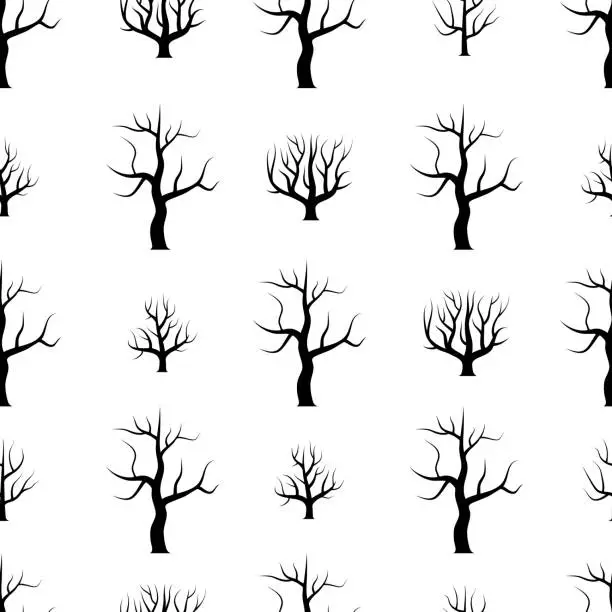 Vector illustration of Seamless black and white curved trees without leaves backgrounds