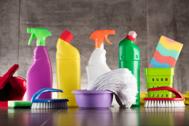istock Cleaning products. Home cleaning. Place for typography. 896148492