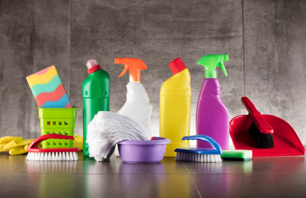istock Cleaning products. Home cleaning. Place for typography. 896148716