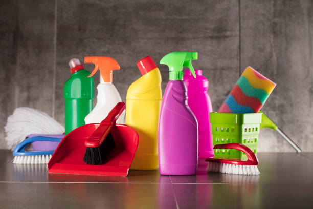 istock Cleaning products. Home cleaning. Place for typography. 896151084