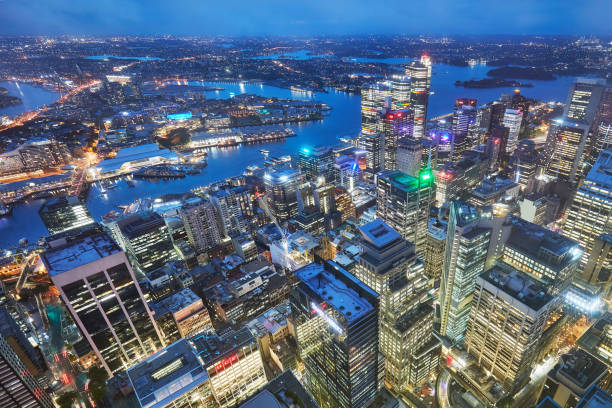 Downtown Sydney Aerial view of downtown Sydney, Australia. sydney skyline sunset stock pictures, royalty-free photos & images