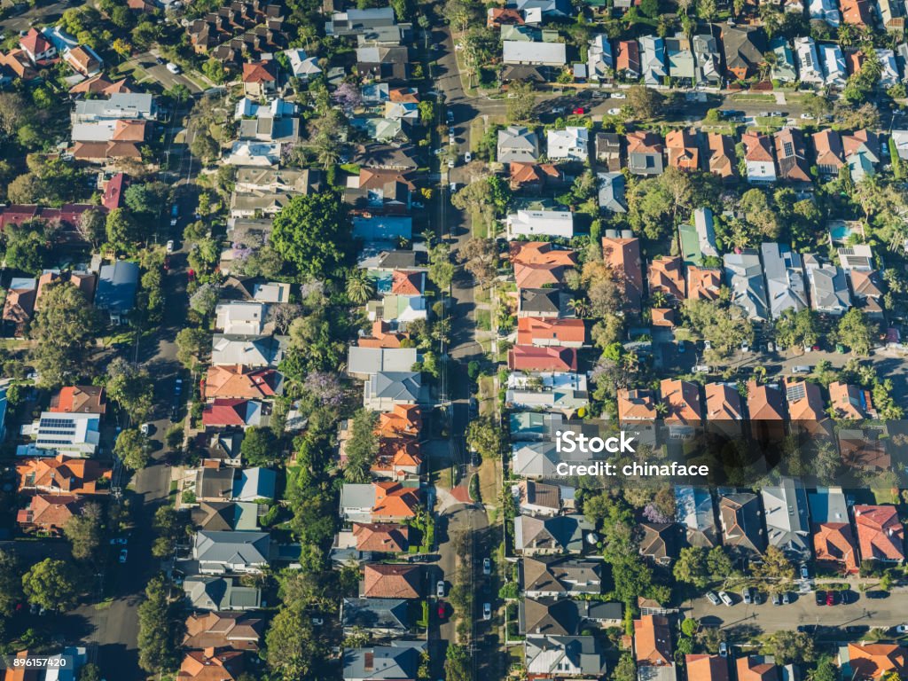 Aerial view, Rosebery, Sydney aerial shot of a helicopter, Rosebery, Sydney, Australia. New South Wales Stock Photo