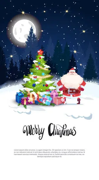 Vector illustration of Winter Holidays Banner With Copy Space Santa Claus Standing At Pine Tree Merry Christmas Concept