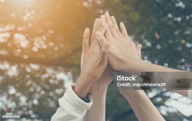 Team Work And Together Concept Hand Of People High Five For Tag Team Stock Photo - Download Image Now