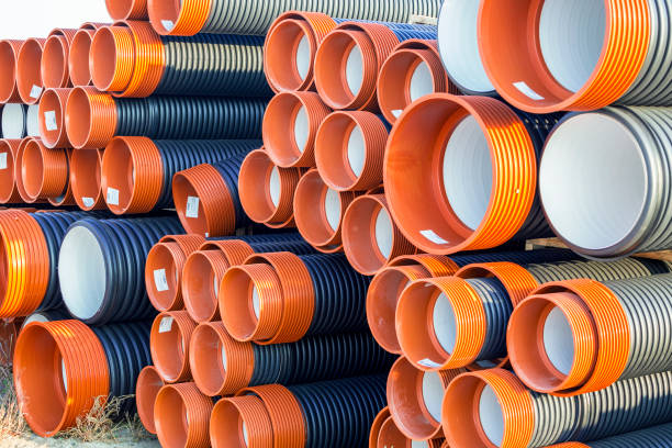 istock Pile of corrugated PVC sewer or drain pipes 2 896165154