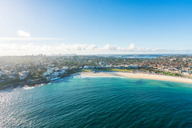 Bondi Beach, aerial view. Sydney aerial shot of a helicopter, Bondi Beach, Sydney, Australia. bondi beach photos stock pictures, royalty-free photos & images