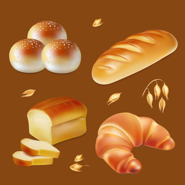 illustrazioni stock, clip art, cartoni animati e icone di tendenza di pane, set di icone vettoriali realistiche - food and drink croissant french culture bakery