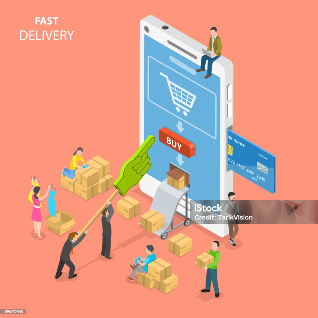 Fast delivery flat isometric vector concept. Fast delivery flat isometric vector concept. People are around a huge smartphone buying some goods at online store and get them immediately from the delivery hole in the phone screen. Online Shopping stock vector