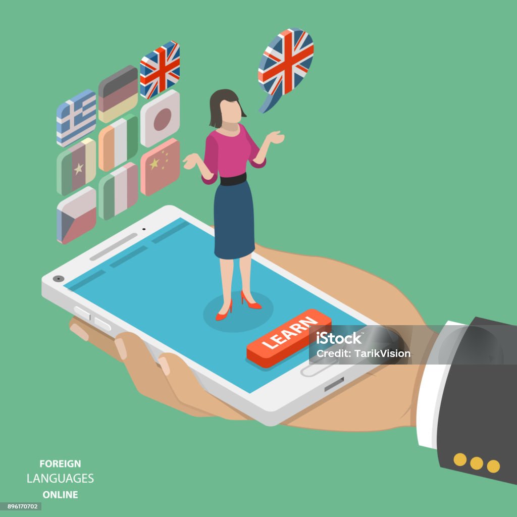 Foreign language online flat isometric vector Foreign language online learning isometric vector. Smartphone on the mans palm with a teacher on it. Behind the teacher are several icons with languages to learn. English is active at the moment. Translation stock vector