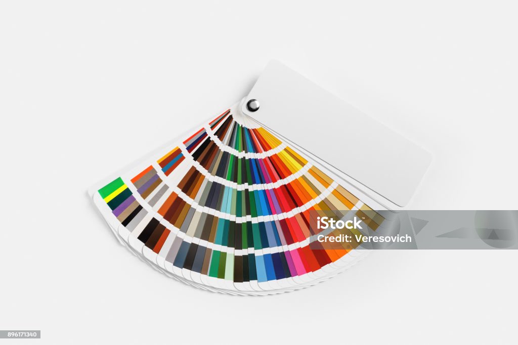 Color palette guide Color palette on white paper background. Guide of paint samples. Colored catalog. Flat lay. Color Image Stock Photo