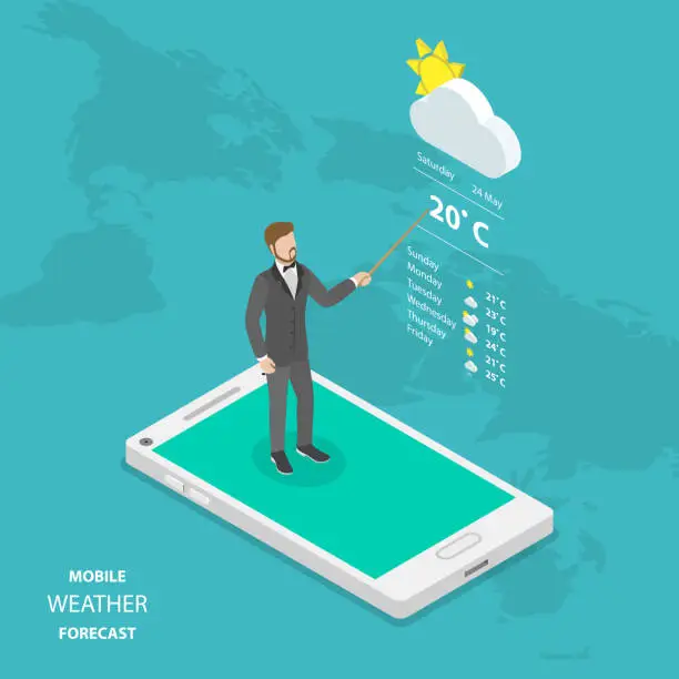 Vector illustration of Weather forecast online flat isometric vector.