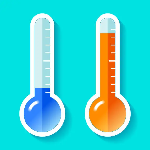 Vector illustration of Thermometers in flat style, cold and hot temperature, design element on color background. Vector design object