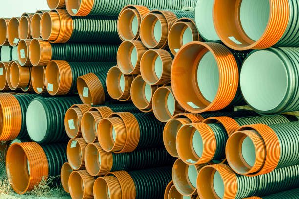 istock Pile of corrugated PVC sewer or drain pipes 4 896174454