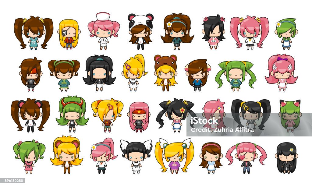 Cute Girls Mega Collection A huge pack of cute girls illustration in various outfit Manga Style stock vector