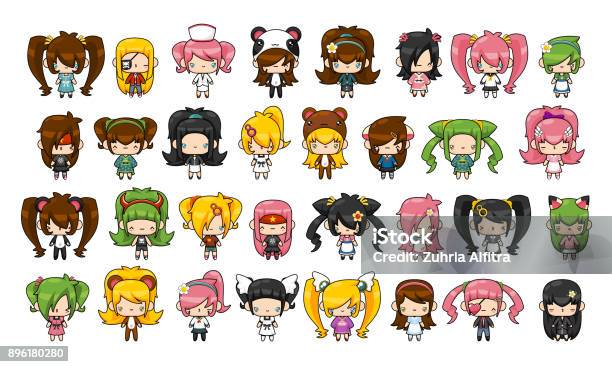 Cute Girls Mega Collection Stock Illustration - Download Image Now - Manga Style, Girls, Cartoon