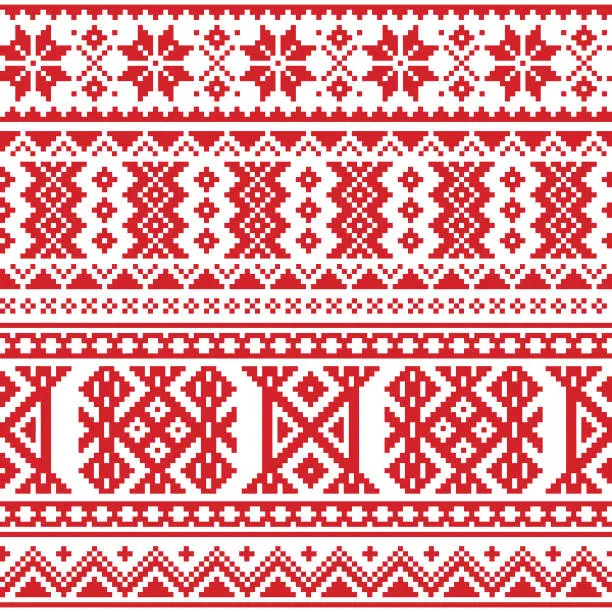 Vector illustration of Lapland, Sami people vector seamless pattern, Scandinavian, Nordic folk art in red