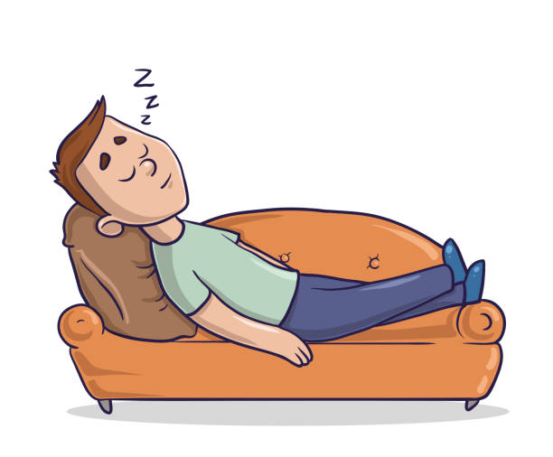 Young man lying on a sandy-colored couch takes a nap. Guy sleeping on a sofa. Cartoon character vector illustration. Isolated image on white background. Young man lying on a sandy-coloured couch takes a nap. Guy sleeping on a sofa. Cartoon character vector illustration. Isolated image on white background. sofa bed stock illustrations