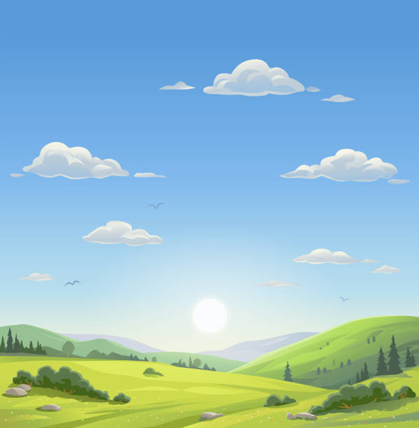 ilustraciones, imágenes clip art, dibujos animados e iconos de stock de paisaje de la hermosa mañana - landscape fir tree nature sunrise