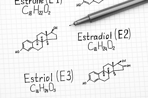Chemical formulas of naturally occurring Estrogens - estrone (E1), estradiol (E2), estriol (E3) with black pen. Close-up.