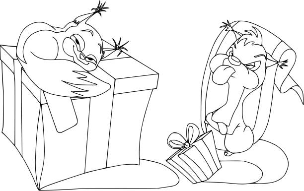 Two emotional squirrels with their presents. Cartoon characters, isolated, coloring outline Two emotional squirrels with their presents. Cartoon characters, isolated, coloring outline. background of the crazy squirrel stock illustrations
