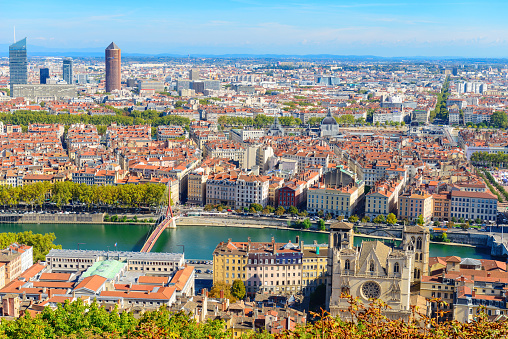 Lyon, France- September 29, 2017: Lyon cityscape from above with Rhone River, bridges, old city and new city buildings in September