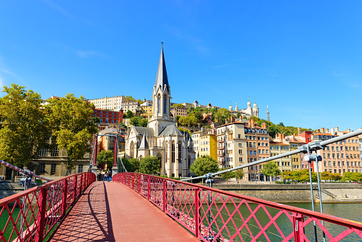 Lyon, France - September 29, 2017: Lyon cityscape from Rhone River with Saint Georges bridge and Basilica Notre Dame