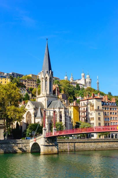 Lyon cityscape from Rhone River stock photo