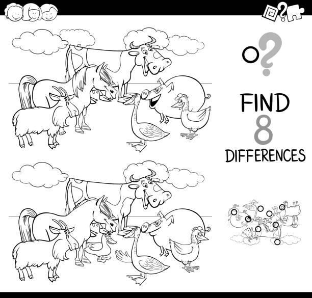 ilustraciones, imágenes clip art, dibujos animados e iconos de stock de actividad de las diferencias con el libro de color de animales de granja - horse goat child humor