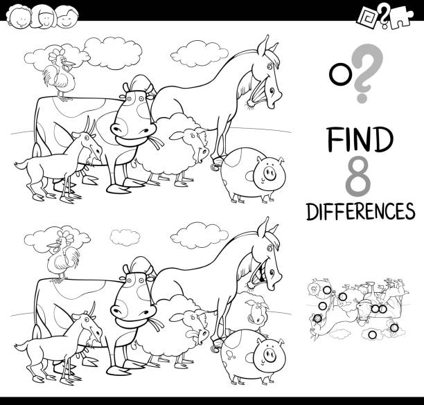 различия игры с сельскохозяйственными животными цвет книги - horse goat child humor stock illustrations