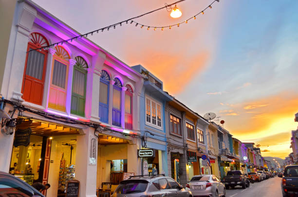 thalang road at twilight in phuket old town - entablature imagens e fotografias de stock